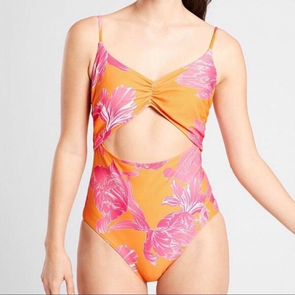 NWT Athleta Kailua Cutout One Piece Swimsuit ORANGE AND PINK Size XL - Picture 1 of 8